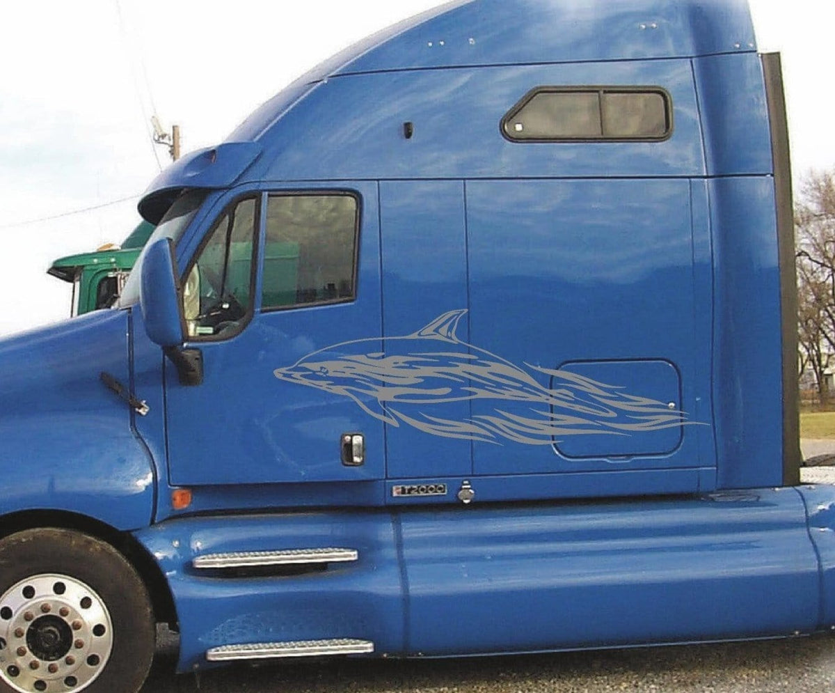 dolphin vinyl graphics on blue semi truck